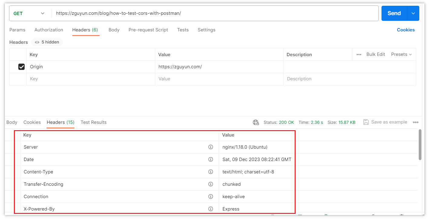Postman Check CORS Response Headers