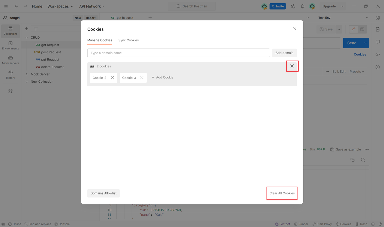 clear cookies in Postman