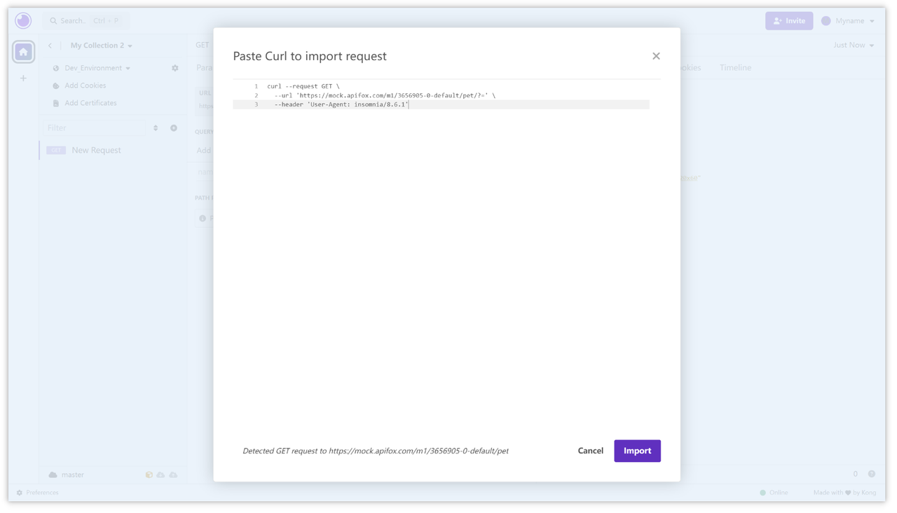 Importing cURL commands in Insomnia
