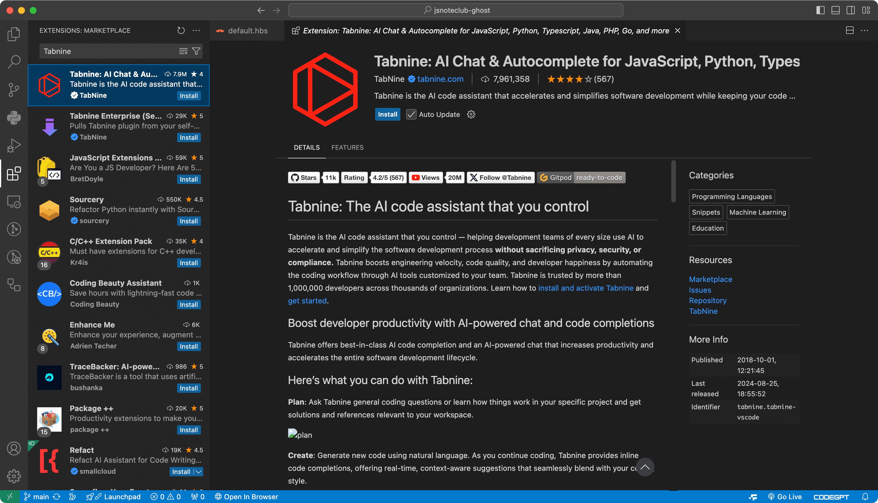 AI Programming Plugins for VSCode Tabnine