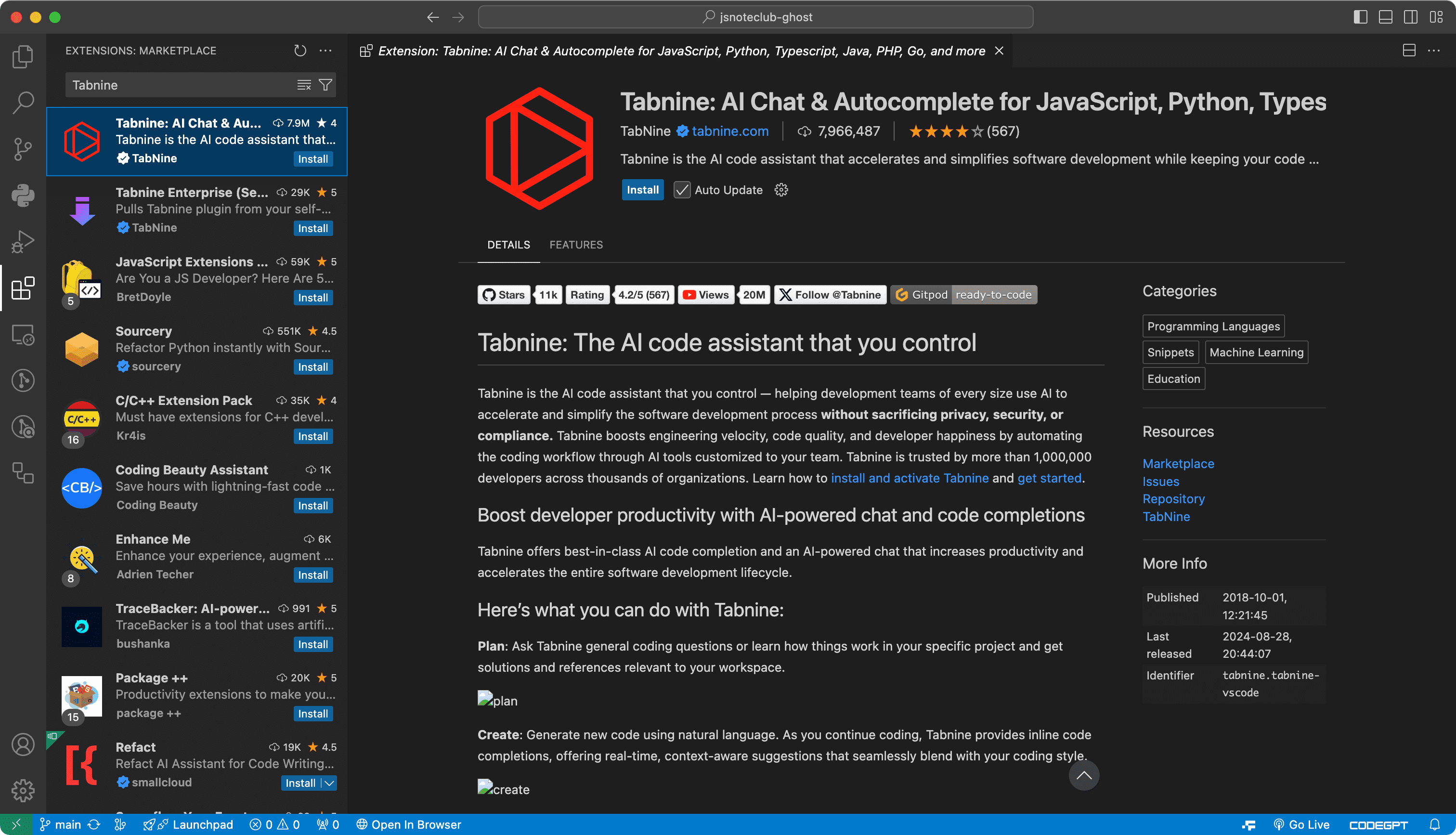 VSCode AI Autocomplete Extensions Tabnine