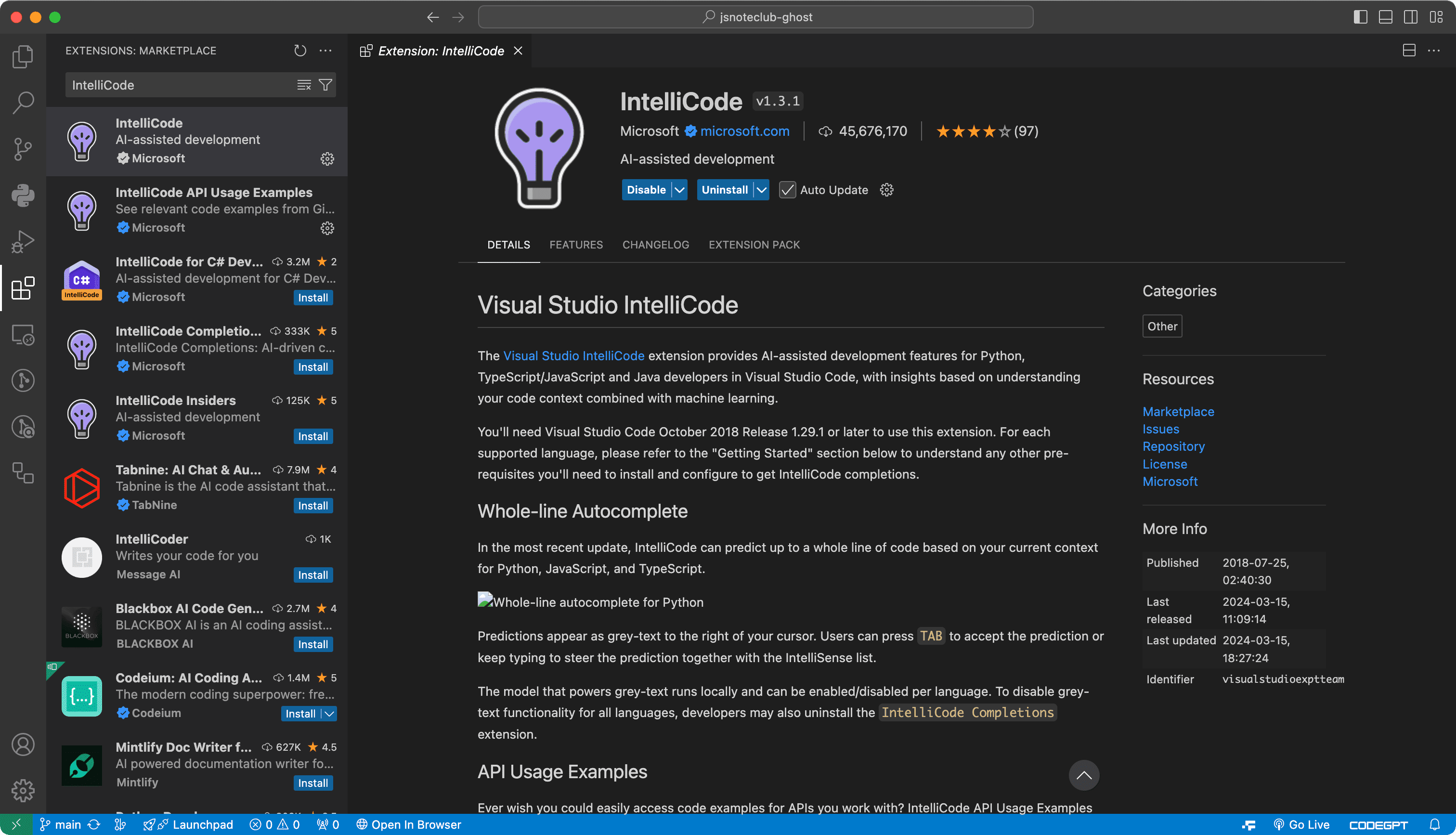 VSCode AI Autocomplete Extensions IntelliCode