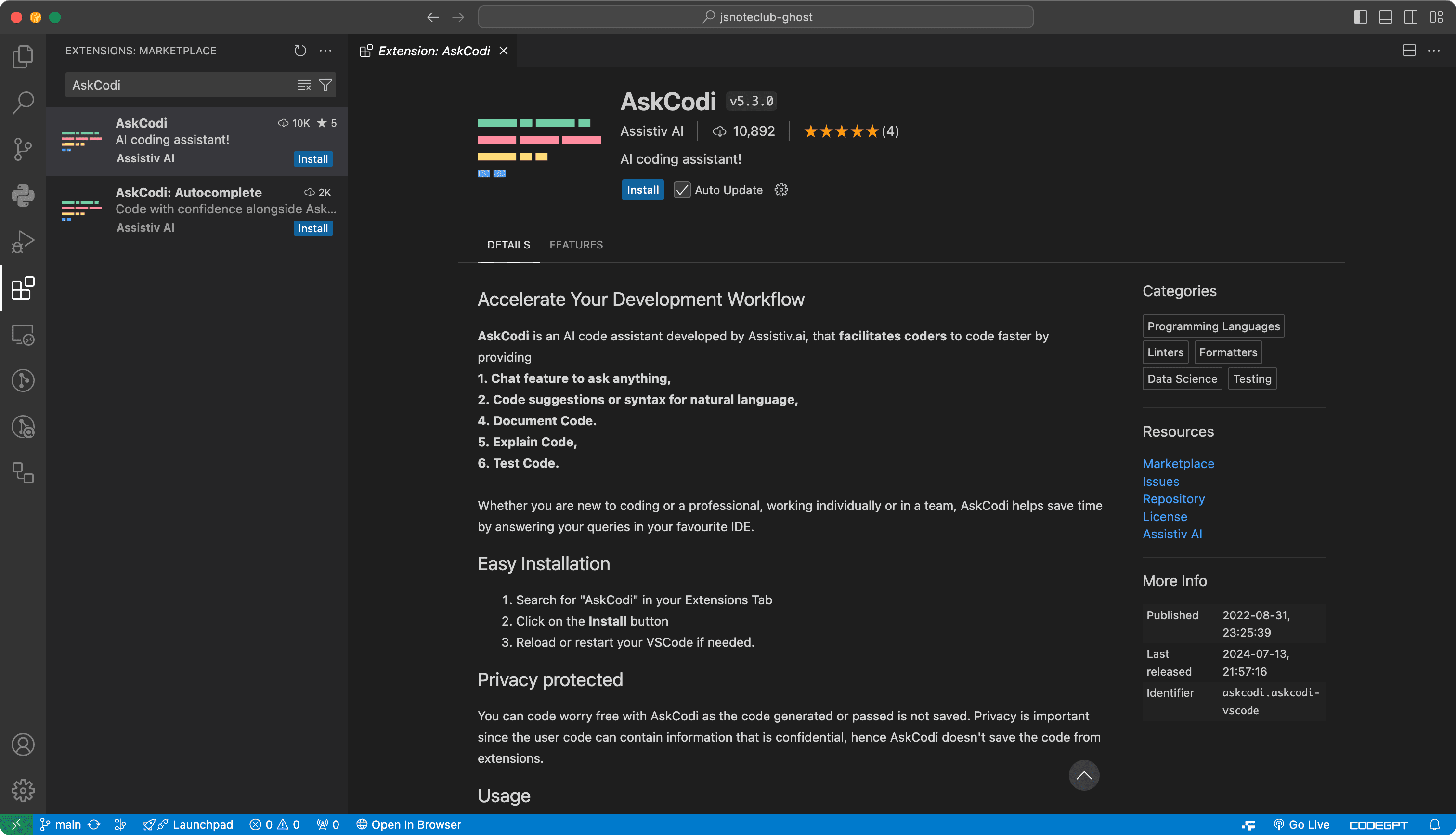 VSCode AI Autocomplete Extensions AskCodi